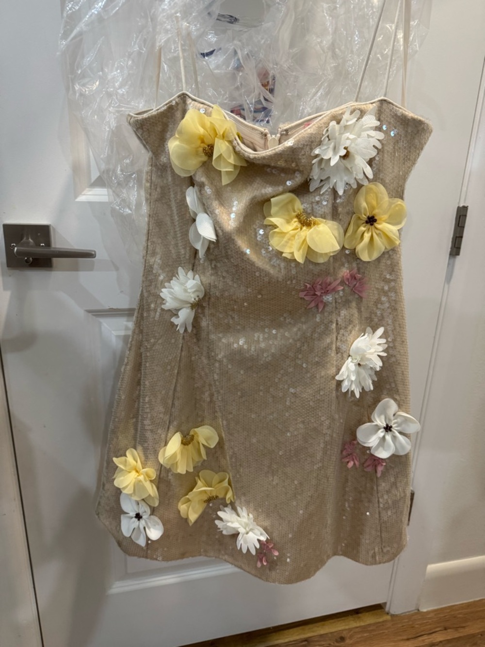 ANTONIO MELANI Strapless Champagne Sequin Dress with Floral Appliqués
